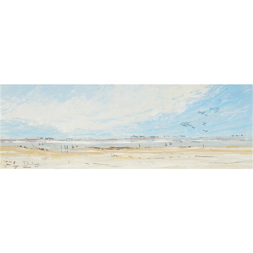 JUDITH DINHAM Black Swans on the Foreshore 2003 oil and charcoal on paper 13.5 x 41cm (34 x 60cm framed)