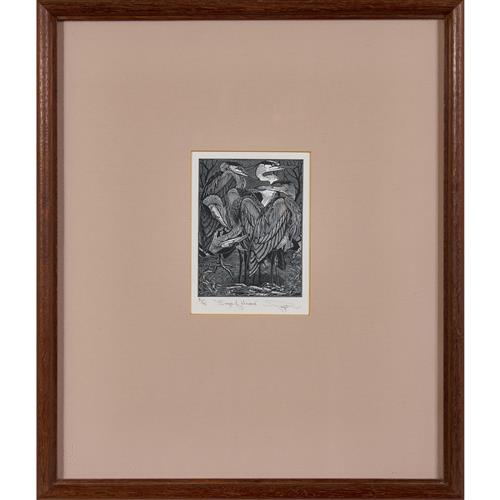 12 · COLIN F. PAYNTON (born 1946) Siege of Herons 1983 wood engraving, ed. 31/75 10 x 7.5cm (36.5 x 31cm framed)