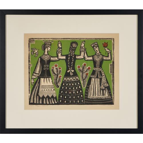 13 · VLADA CERNIAUSKAITE (Lithuanian, 1922-2003) Sadute (Lithuanian Folk Dance) 1970 linocut, ed. 26/200 28.5 x 36.5cm (54 x 62cm framed)