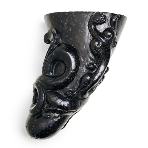 1058 · A CHINESE DARK JADE CARVED "CHILONG" LIBATION CUP