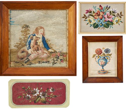 58 · TWO BERLIN WOOLWORK PICTURES, A VICTORIAN BEADED PANEL AND A LATER TAPESTRY PANEL