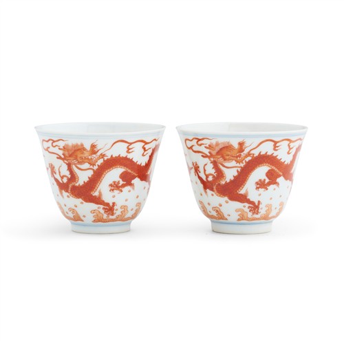 6 · A PAIR OF CHINESE IRON-RED "DRAGON" WINE CUPS, QIANLONG MARK