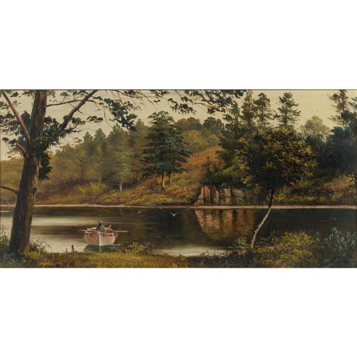 HAUGHTON FORREST (1826-1925) Fishing Lake Peddar, Tasmania oil on academy board 14.5 x 29cm