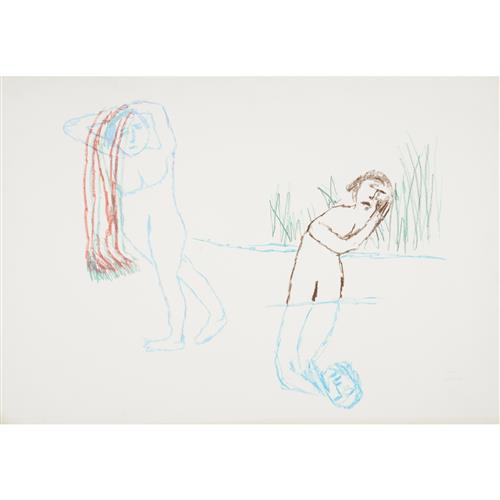55 · SIDNEY NOLAN (1917-1992) (Bathers in a river) 1978 crayon on paper 72 x 103cm