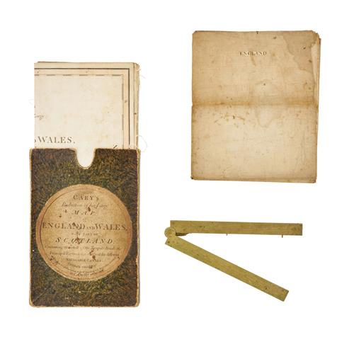 68 · A LOUIS XIV BRASS MAP READING RULE BY BUTTERFIELD AND TWO ANTIQUE FOLDED MAPS OF ENGLAND