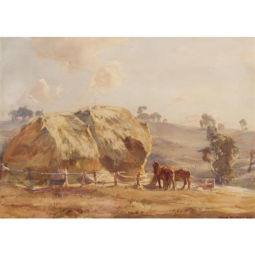 HANS HEYSEN (1877-1968) (Horses and Haystacks) 1920 watercolour on paper 33 x 47cm