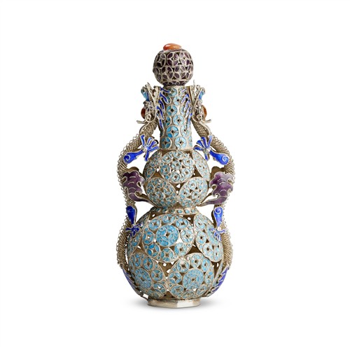 A CHINESE PEKING SILVER ENAMEL OPENWORK "DRAGON" BOTTLE, 20TH CENTURY