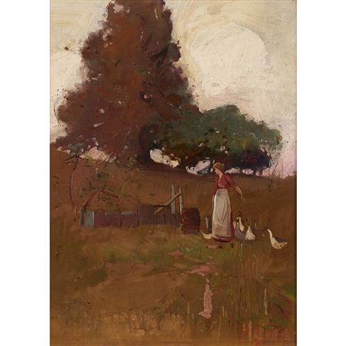 17 · SIDNEY LONG (1871-1955) (Feeding Time) 1900 oil on board 40 x 29.5cm