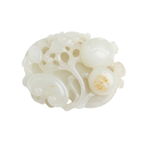 26 · A CHINESE WHITE AND RUSSET JADE PENDANT OF BATS, RUYI AND POMEGRANATE
