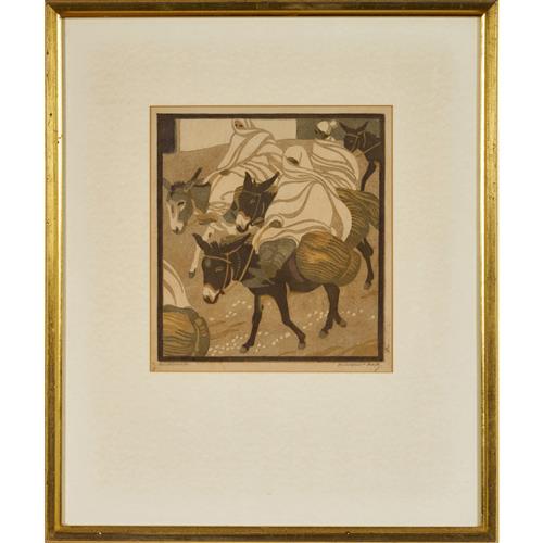 28 · NORBERTINE VON BRESSLERN-ROTH (Austrian, 1891-1978) Donkey Riders linocut 23.5 x 22cm (52 x 44cm framed)