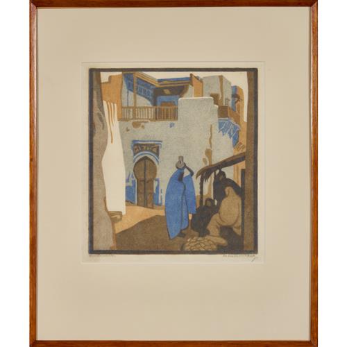 29 · NORBERTINE VON BRESSLERN-ROTH (Austrian, 1891-1978) Blaues Haus (Blue House) 1928 linocut 23.5 x 21.5cm (44.5 x 37cm framed)