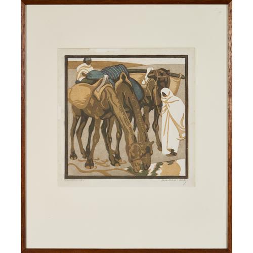 30 · NORBERTINE VON BRESSLERN-ROTH (Austrian, 1891-1978) Camels Drinking linocut 23 x 23cm (47 x 39.5cm framed)