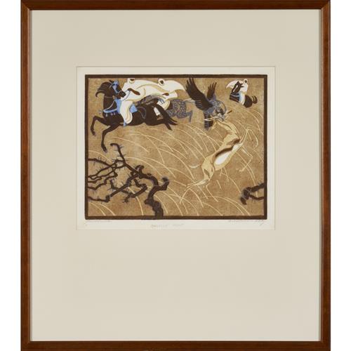 31 · NORBERTINE VON BRESSLERN-ROTH (Austrian, 1891-1978) Gazelle Hunt linocut 19.5 x 24.5cm (48.5 x 42.5cm framed)