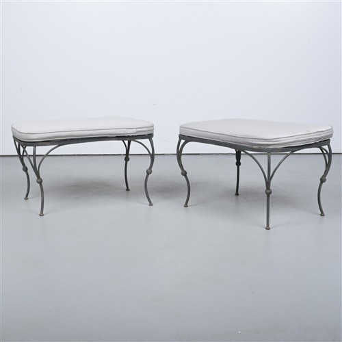 A Pair Of Wrought Iron Footstools With Loose Cushions By Graham Geddes