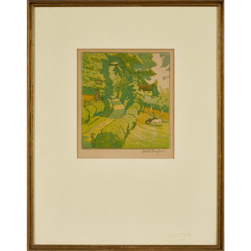 19 · HALL THORPE (1879-1947) A Country Lane with Cottage and Grazing Cattle woodcut 16 x 15cm (42.5 x 33.5cm framed)