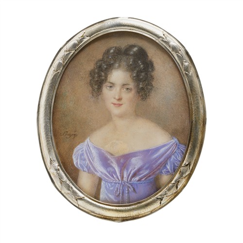 Attributed to Jean-Baptiste SINGRY* (1782–1824) A portrait miniature of a lady wearing an off-the-shoulder lilac dress Watercolour a...