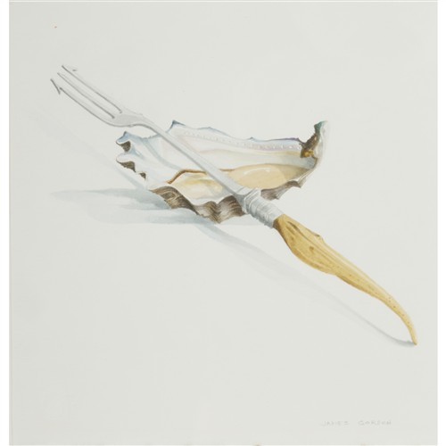 JAMES GORDON Oyster and Fork watercolour on paper 20 x 19cm (30 x 29cm framed)
