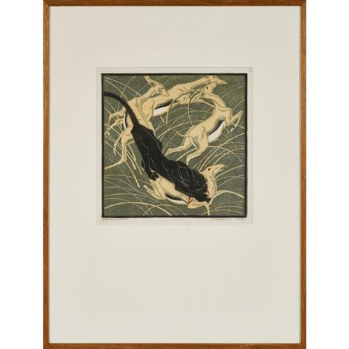24 · NORBERTINE VON BRESSLERN-ROTH (Austrian, 1891-1978) Attack (Black Panther and Gazelles) linocut 22 x 22cm (53 x 40cm framed)