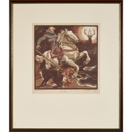 25 · NORBERTINE VON BRESSLERN-ROTH (Austrian, 1891-1978) Hubertus linocut 27.5 x 27.5cm (57 x 49.5cm framed)
