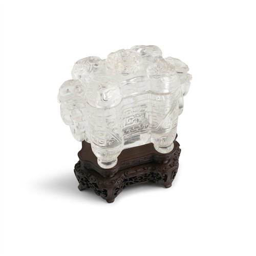 A CHINESE ROCK-CRYSTAL ARCHAISTIC RECTANGULAR VESSEL AND COVER, TULU, QING DYNASTY, 19TH CENTURY