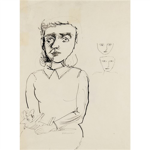 29 · CHARLES BLACKMAN (1928-2018) (Judith Wright with Cat and Two Faces Study) c.1951 ink on paper 40 x 29.5cm; 65 x 53cm (frame)