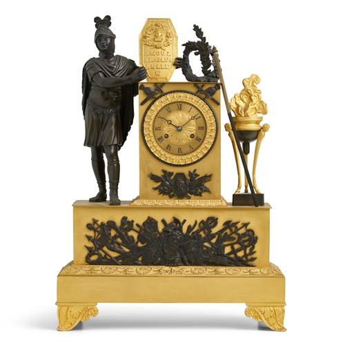 27 · A FRENCH RESTAURATION-STYLE GILT AND PATINATED BRONZE MANTEL CLOCK 20th century