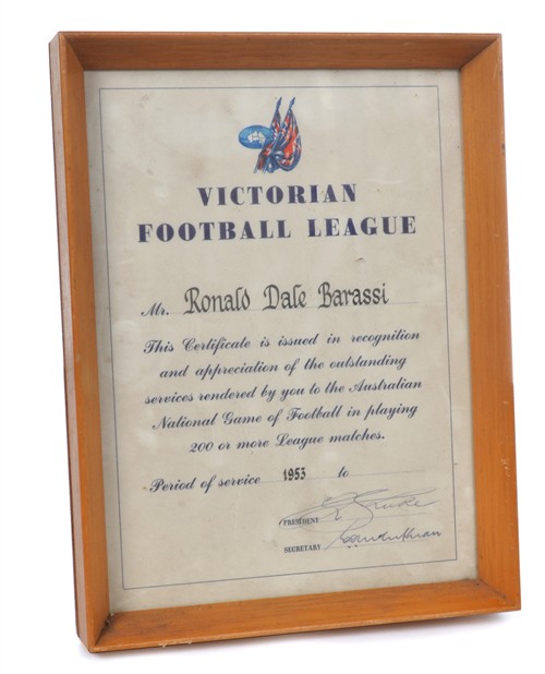2009 · RON BARASSI'S 200TH VFL GAME CERTIFICATE