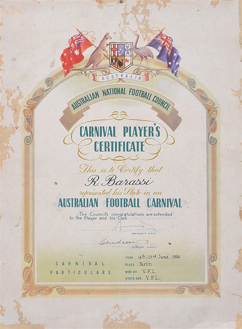 2012 · RON BARASSI'S 1956 AUSTRALIAN NATIONAL FOOTBALL COUNCIL CARNIVAL PLAYER'S CERTIFICATE