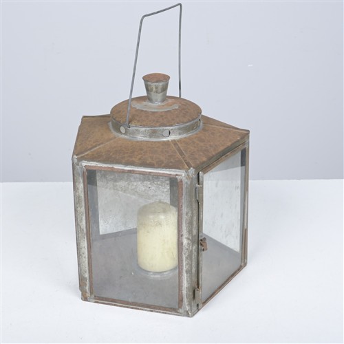 A TIN AND GLASS LANTERN (30H X 40DIA CM)