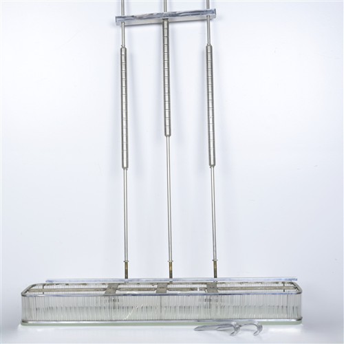 AN ART DECO CHROME AND GLASS CHANDELIER (120W X 185L CM)