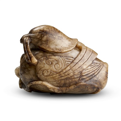 68 · A FINE CHINESE WHITE AND GREY JADE MANDARIN DUCK, MING DYNASTY (1368 - 1644)