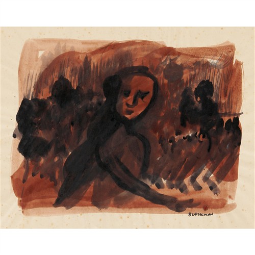 CHARLES BLACKMAN (1928-2018) (Figures in Landscape) c.1951 ink on paper 23 x 31cm (image); 37 x 54cm (sheet)
