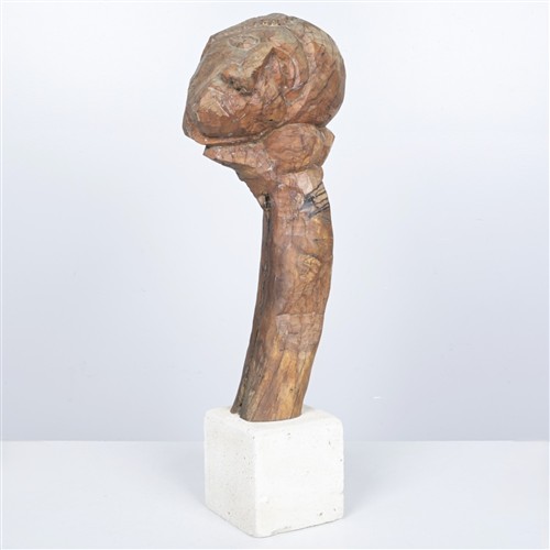 MIKE NICHOLLS 'HEAD HELD HIGH' SCULPTURE (93H X 35W CM) Carved yellow box on plinth base George Gallery c.1998
