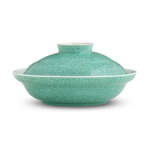 A Chinese Douqing Celadon 'Dragon' Bowl With Cover, Qianlong Mark, Guangxu/Republic Period, Late 19th/Early 20th Century