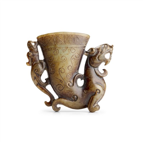 A CHINESE GREY JADE DRAGON LIBATION CUP