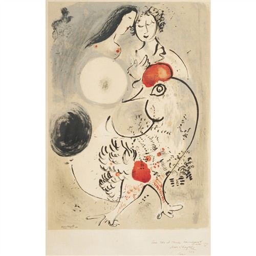 MARC CHAGALL Russian-French (1887-1985) Innamorati con gallo 1950 lithograph 73 x 53cm (100.5 x 70.5cm framed)