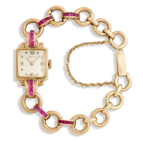 REVUE A 9CT GOLD AND SYNTHETIC RUBY-SET COCKTAIL WATCH CIRCA 1945