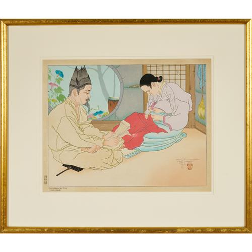 32 · PAUL JACOULET (1896–1960), circa 1950 La Lettre du Fils, Séoul, Corée woodcut 30 x 39cm (53 x 62.5cm framed)