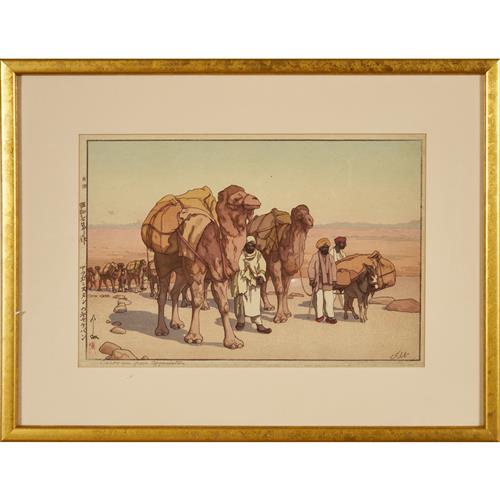 34 · HIROSHI YOSHIDA (JAPANESE, 1876-1950) Caravan from Afghanistan woodcut 24.5 x 37.5cm (43 x 56cm framed)