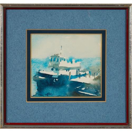 11 · ALEXANDER HILLS (born 1943) Tug at the Jetty watercolour on paper 12.5 x 14cm (25 x 26.5cm framed)