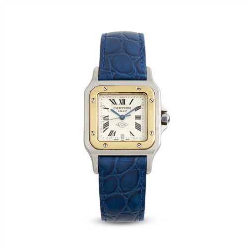 44A · CARTIER SANTOS GALBEE 150TH ANNIVERSARY EDITION REF 1566 A STAINLESS STEEL AND 18CT GOLD WRIST WATCH WITH DATE CIRCA 1997