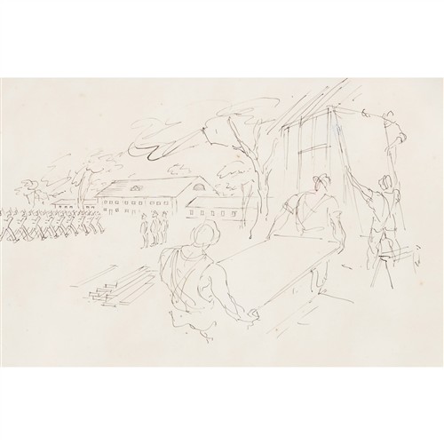 35 · WILLIAM DOBELL (1899-1970) Army Recruits Training and Builders c. 1941-44 pencil, pen and ink on paper 14.5 x 22.5cm (31 x 38cm framed)