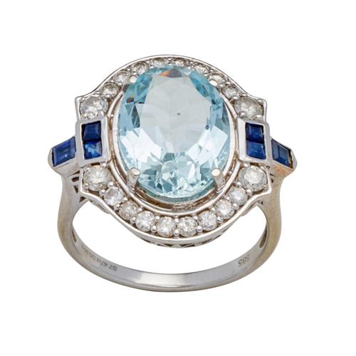 Aquamarine, Sapphire And Diamond Ring