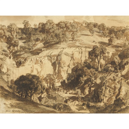 33 · HANS HEYSEN (1877-1968) The Quarry, Glen Osmond 1940 charcoal, chalk and wash on paper 30 x 39cm (60 x 68cm framed)
