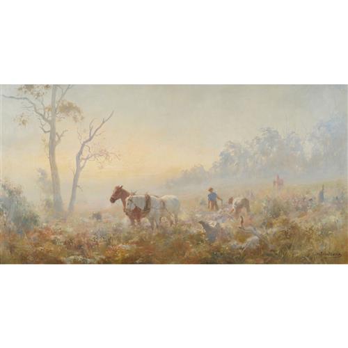 12 · J.H. SCHELTEMA (1861-1941) (Pulling Stumps, Early Morning) oil on canvas 62 x 121cm