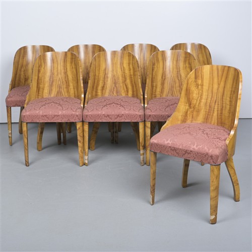 2 · A SET OF EIGHT AUSTRALIAN 1930S WALNUT AND UPHOLSTERED DINING CHAIRS (91H X 52W X 50D CM)