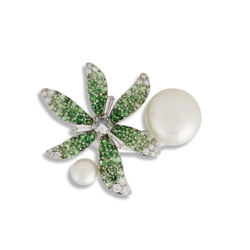 Paspaley, 18ct White Gold, Diamond, Tsavorite Garnet And Pearl 'Monsoon' Ring