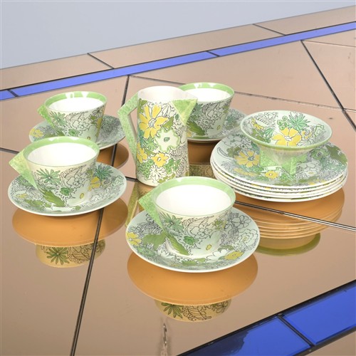 A Clarice Cliff 'Crepe De Chine' Tea Set For Four With Milk Jug And Sugar Bowl Together With Two Clarice Cliff 'Silver Autumn' Plat