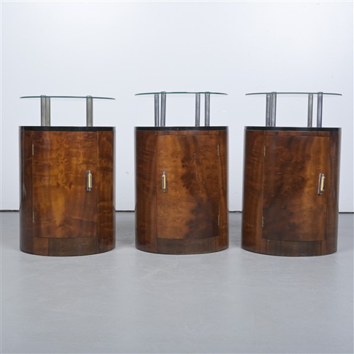 A Set Of Three Art Deco Walnut And Glass Topped Side Cabinets (75h X 47w X 45d Cm)