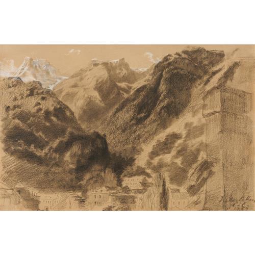 JEAN-BAPTISE CAMILLE COROT (French, 1796-1875) French Alps Village at Base crayon and pencil on paper 21 x 32cm